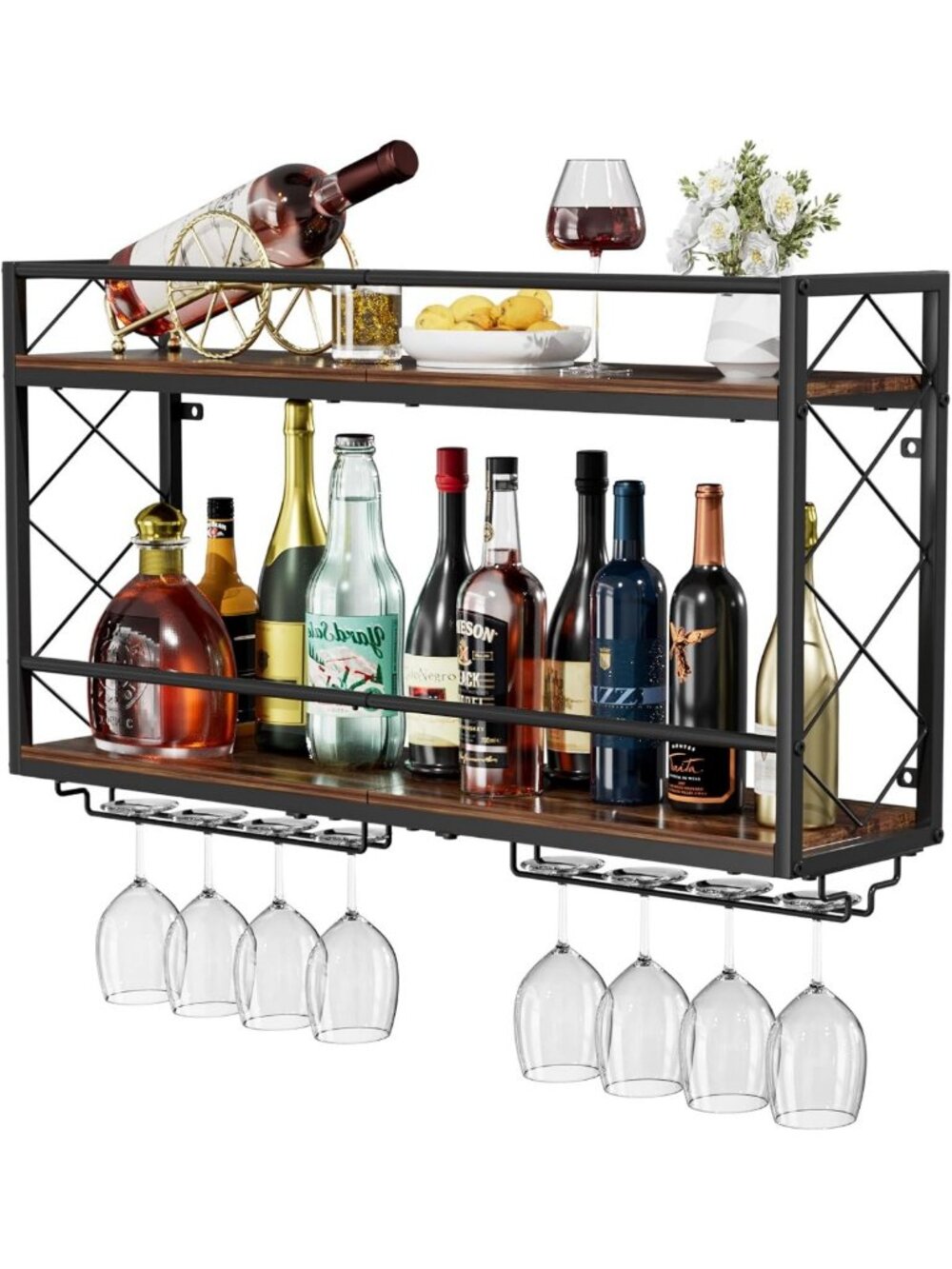 Stylish 2-Tier Wall Mounted Wine Rack with Glass Holder - Metal & Wood Design
